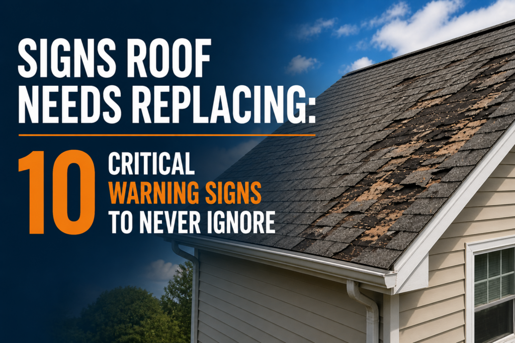 Damaged roof with missing and worn shingles showing signs that a roof needs replacing