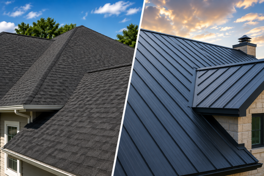 Side-by-side comparison of an asphalt shingle roof and a modern standing seam metal roof on residential homes under daylight skies.