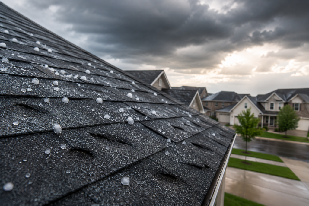 Close-up of a residential asphalt shingle roof after a hailstorm with hailstones scattered across wet shingles under dark storm clouds.